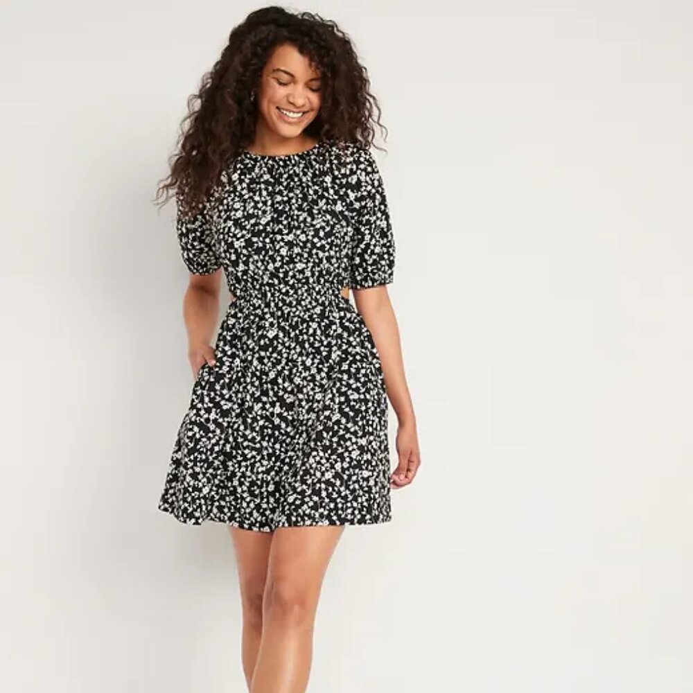 NWOT Old Navy Waist-Defined Puff-Sleeve Cotton-Poplin Side-Cutout Mini Dress XXL